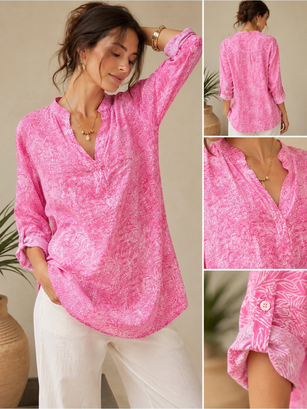 Three Islands Pink & White Batik Beach Tunic Top XL NWT Coastal Resort